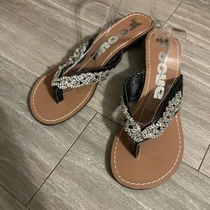 Groove Black Silver Bead Sequined Thong Wedge Sandal Sz 8 Sparkly Rhinestone